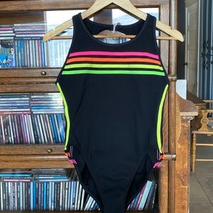 FREDERICKS OF HOLLYWOOD Black/Neon Swimsuit High Cut Keyhole Back Size 13/14 US